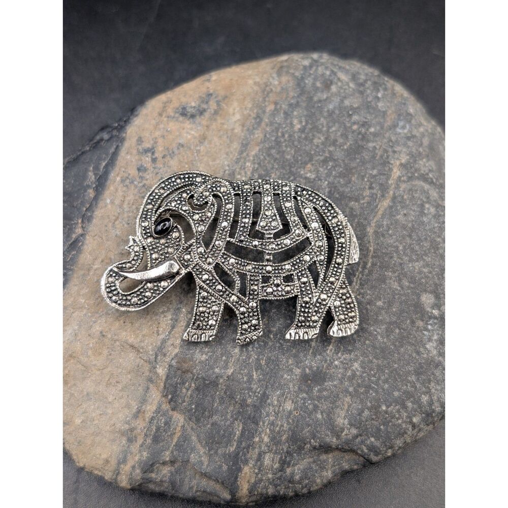 Vintage Elephant Brooch • Trunk Up • Rhinestone Accents • Unmarked Metal